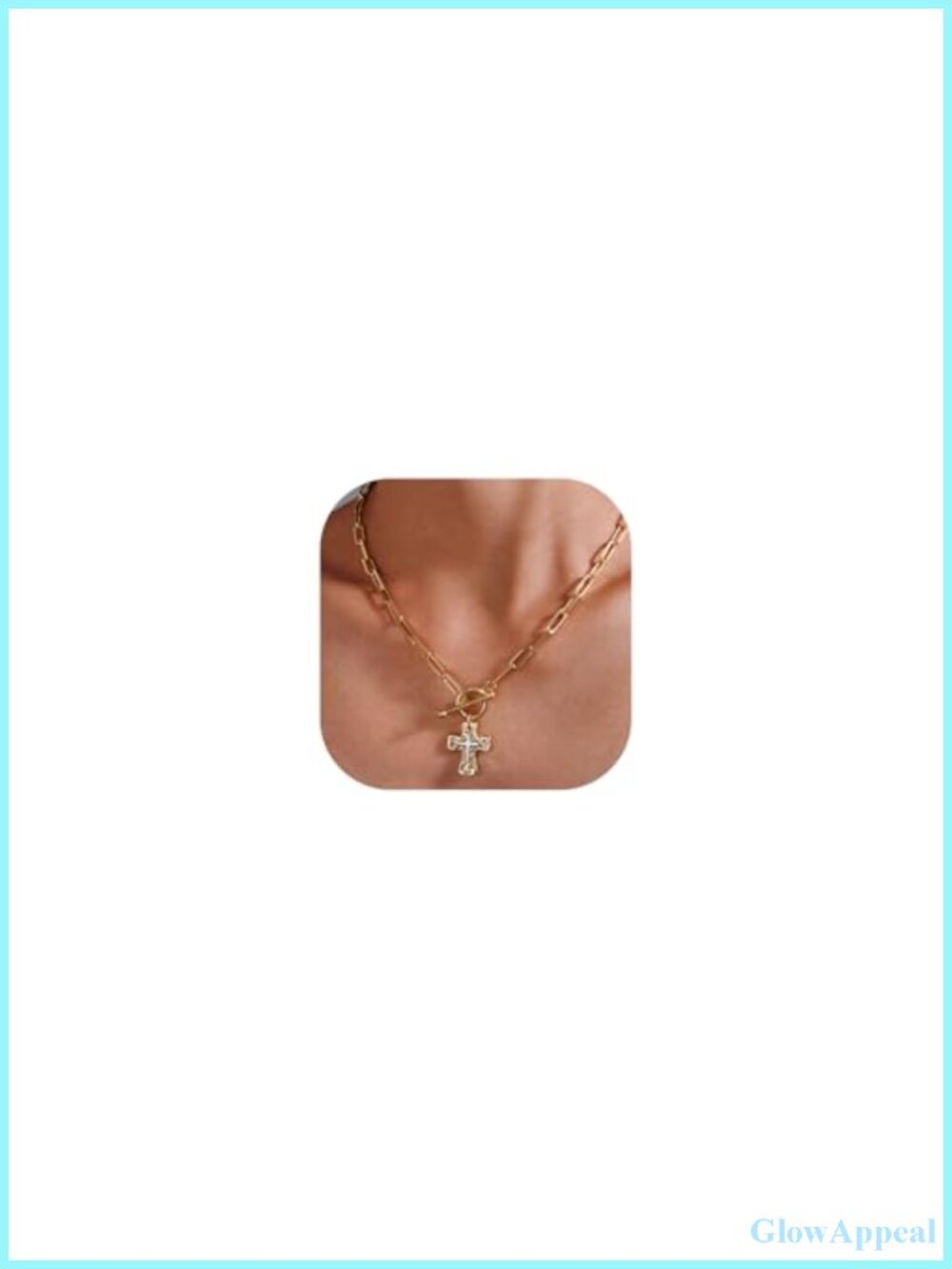 14K Gold Plated Double Cross Pendant Necklace, Paperclip Chain, Hypoallergenic